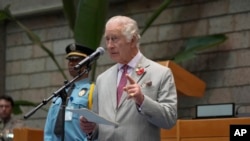 Britain's King Charles III, delivers a speech during a visit to the United Nations Office, in Nairobi, Nov. 1, 2023. 