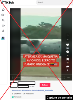 Captura de pantalla de un video en TikTok que difunde desinformación. La publicación asegura que un avión de EEUU aterrizó en Venezuela tras las elecciones, pero es falso.