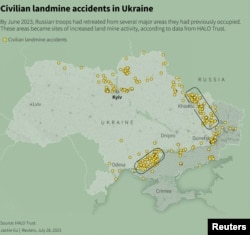 Жовтим на цій мапі України позначені інциденти цивільних мешканців з мінами станом на літо 2023 р. в районах, які були тимчасово окуповані російськими військами. Reuters