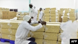 FILE - A man tags bags of processed nuts in a factory in the central Ivorian city of Bouake, May 24, 2018. Demand for processed foods is rising in Africa, but a new report says a variety of barriers are hindering progress.