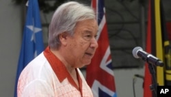 United Nations Secretary-General Antonio Guterres speaks at the opening of the annual Pacific Islands Forum leaders meeting in Nuku'alofa, Tonga, Monday, Aug. 26, 2024. (AP Photo/Charlotte Graham-McLay)