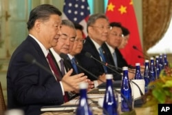 China's President President Xi Jinping speaks during a meeting with U.S. President Joe Biden in Woodside, California, Nov. 15, 2023. (Doug Mills/The New York Times via AP, Pool)