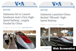 Tangkapan layar ini menunjukkan artikel VOA News berbahasa Inggris tentang peluncuran kereta berkecepatan tinggi "Whoosh" di Indonesia pada tanggal 2 Oktober 2023.