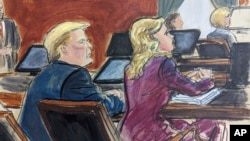 In this courtroom sketch, Jan 22, 2024, Donald Trump seated next to his attorney Alina Habba, foreground right, in court listening to Judge Lewis Kaplan explain to the jury that a fellow juror's illness forced a last-minute delay in Federal Court, in New York.