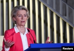 European Commission President Ursula von der Leyen attends a press conference at the Berlin Process, leaders' summit in Tirana, Albania, October 16, 2023.