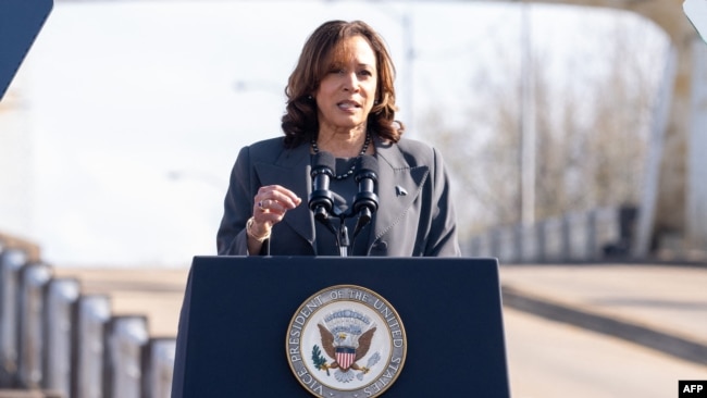 FILE - U.S. Vice President Kamala Harris, pictured in Selma, Ala., March 3, 2024, said in early June 2024 in Michigan that "Donald Trump thinks he is above the law. This should be disqualifying for anyone who wants to be president of the United States.”