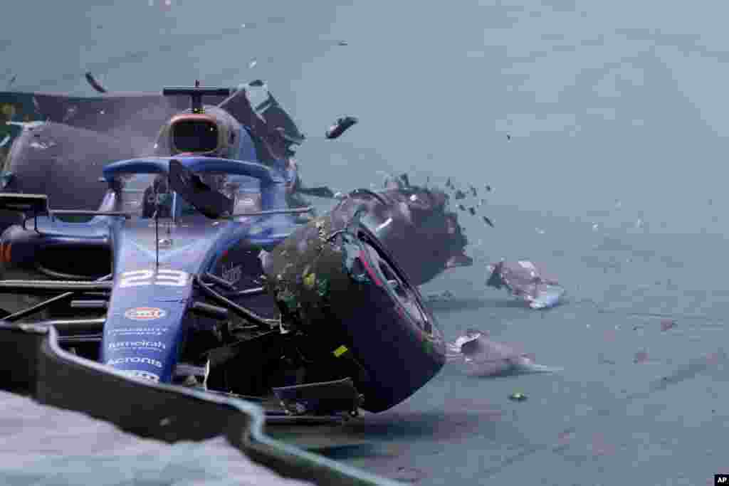 Williams driver Alexander Albon of Thailand crashes out of the race during the Brazilian Formula One Grand Prix at the Interlagos race track in Sao Paulo, Brazil.