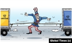 Screenshot of a cartoon published in China's Global Times on October 11, 2023, questioning U.S. ability to aid Israel and Ukraine.