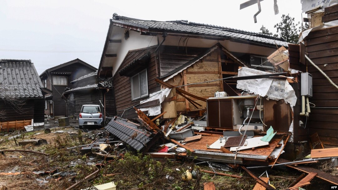 This picture shows damaged homes in the town of Misaki in Suzu city, Ishikawa prefecture on Jan. 7, 2024, after a major 7.5 magnitude earthquake struck the Noto region on New Year's Day.