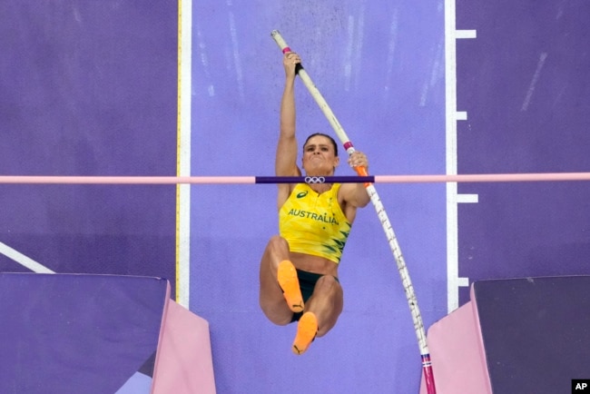 Nina Kennedy of Australia competes in the women's pole vault final at the 2024 Summer Olympics, Aug. 7, 2024, in Saint-Denis, France.