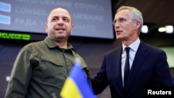 Генсек НАТО відзначив, що НАТО надаватиме довгострокову підтримку Україні, щоб зробити українські сили повністю оперативно сумісними в рамках НАТО. Фото: міністр оборони України Рустем Умеров і генеральний секретар НАТО Єнс Столтенберг. Фото: Reuters 