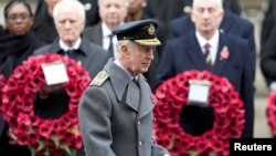 Britain's King Charles III attends the National Service of Remembrance at The Cenotaph on Whitehall in London, Nov. 12, 2023. (Kin Cheung/Pool via Reuters)