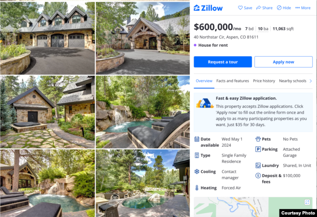 The Zillow page advertising Andrei Kostin's former mansion in Aspen, Colorado. (Zillow).