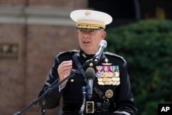 U.S. Marine Corps Gen. David Berger, whose term as Commandant of the U.S. Marine Corps expires Monday, speaks at the Marine Barracks in Washington, July 10, 2023.