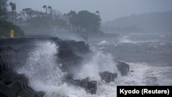 High waves are observed along the shore as Typhoon Shanshan approaches southwestern Japan in Ibusuki, Kagoshima Prefecture, Aug. 28, 2024, in this photo taken by Kyodo. 