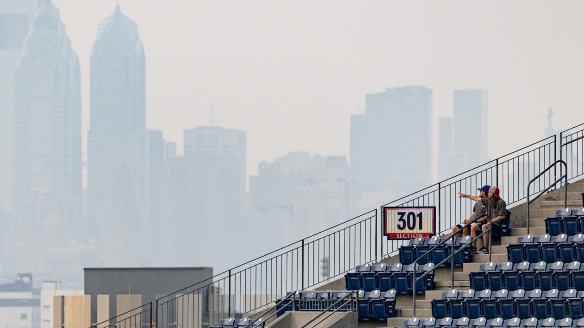 Yankee Stadium surrounded by haze from Canadian wildfires