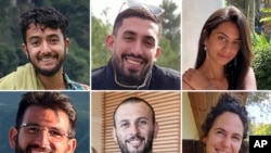 Reféns, a partir de cima à esquerda, Hersh Goldberg-Polin, Ori Danino, Eden Yerushalmi, a partir de baixo à esquerda, Almog Sarusi, Alexander Lobanov e Carmel Gat, que foram mantidos reféns por militantes do Hamas em Gaza.