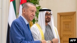 UAE's President Mohammed bin Zayed Al Nahyan is pictured with Turkey's President Recep Tayyip Erdogan in Abu Dhabi, July 19, 2023.
