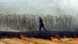 A firefighter walks by a wildfire in a field near Stip, North Macedonia.