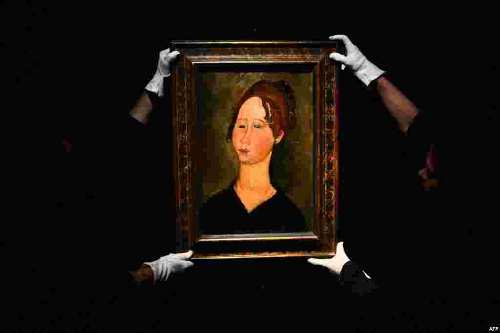 An unpublished painting entitled "La Bourguignonne" (Oil painting on canvas - 1918) by Italian painter and sculptor Amedeo Modigliani (1884-1920) is presented at the Hotel Drouot in Paris, as part of an auction next week.