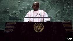 Waziri wa Nchi wa Burkina Faso Bassolma Bazie akihutubia mkutano wa 78 wa baraza kuu la Umoja wa Mataifa huko New York Septemba 23, 2023. Picha na Leonardo Munoz / AFP.