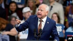 Democratic vice presidential nominee Minnesota Gov. Tim Walz speaks at a campaign rally at Desert Diamond Arena, Aug. 9, 2024, in Glendale, Arizona.