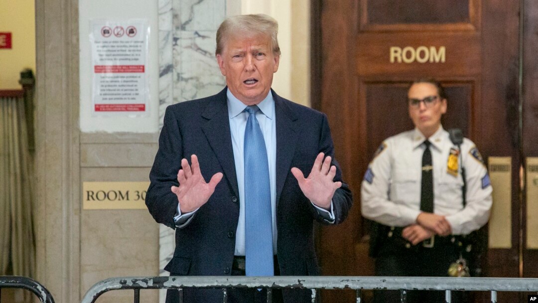 Former President Donald Trump speaks in New York City on Oct. 18, 2023, outside the New York Supreme Court room where his civil fraud trial is underway.