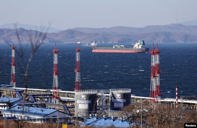 FILE - A crude oil tanker lies at anchor near the terminal Kozmino in Nakhodka Bay near the port city of Nakhodka, Russia, Dec. 4, 2022. Pakistan is to receive a shipment of Russian crude oil in June 2023.