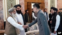 FILE - China's ambassador to Afghanistan, Zhao Sheng, greets Prime Minister Mohammad Hasan Akhund at the Presidential Palace in Kabul, Sept. 13, 2023. China recently accepted the credentials of the Taliban ambassador to Beijing. (Taliban handout via AP)