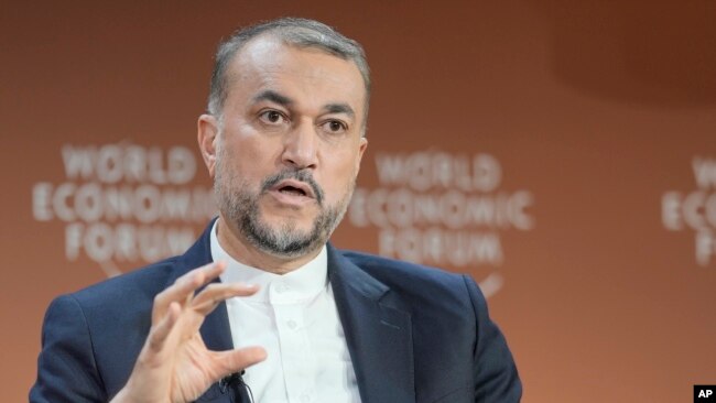 Iranian Foreign Minister Hossein Amir-Abdollahian speaks during the World Economic Forum in Davos, Switzerland, Jan. 17, 2024.