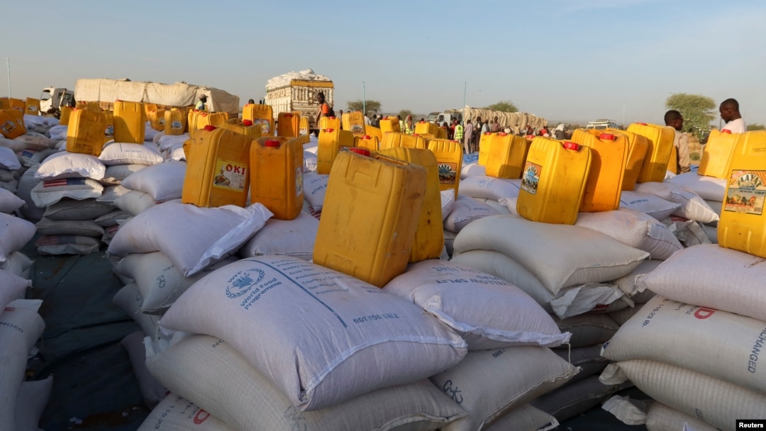 FILE - Aid provided by the World Food Program is seen in Adre Camp in Adre, Chad, Nov. 8, 2023.