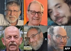 A combination picture shows, clockwork from top left, Yoram Metzger, Abraham Munder, Yagev Buchshtab, Nadav Popplewell, Alex Dancyg, and Chaim Peri, who were kidnapped in the October 7 Hamas attack. (Photo by the Hostages Families Forum Headquarters / AFP)