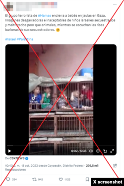 En X ha circulado una publicación falsa que asegura que hay niños israelíes enjaulados. Esta publicación cuenta con más de 200 mil visualizaciones.