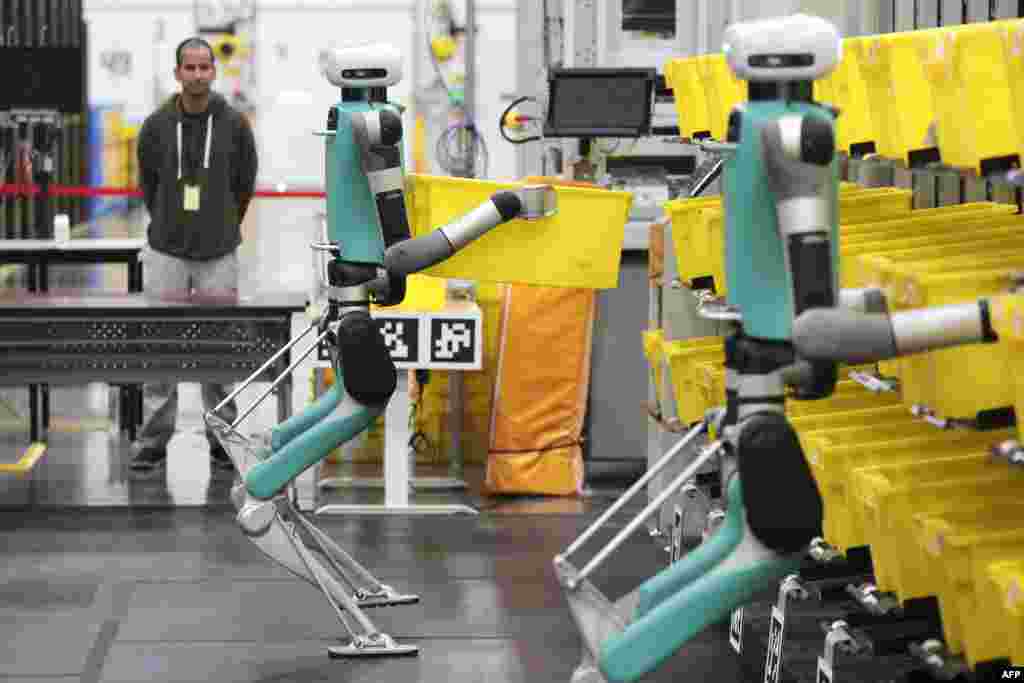 Bipedal robots in testing phase move containers during a mobile-manipulation demonstration at Amazon's "Delivering the Future" event at the company's BFI1 Fulfillment Center, Robotics Research and Development Hub in Sumner, Washington, Oct. 18, 2023