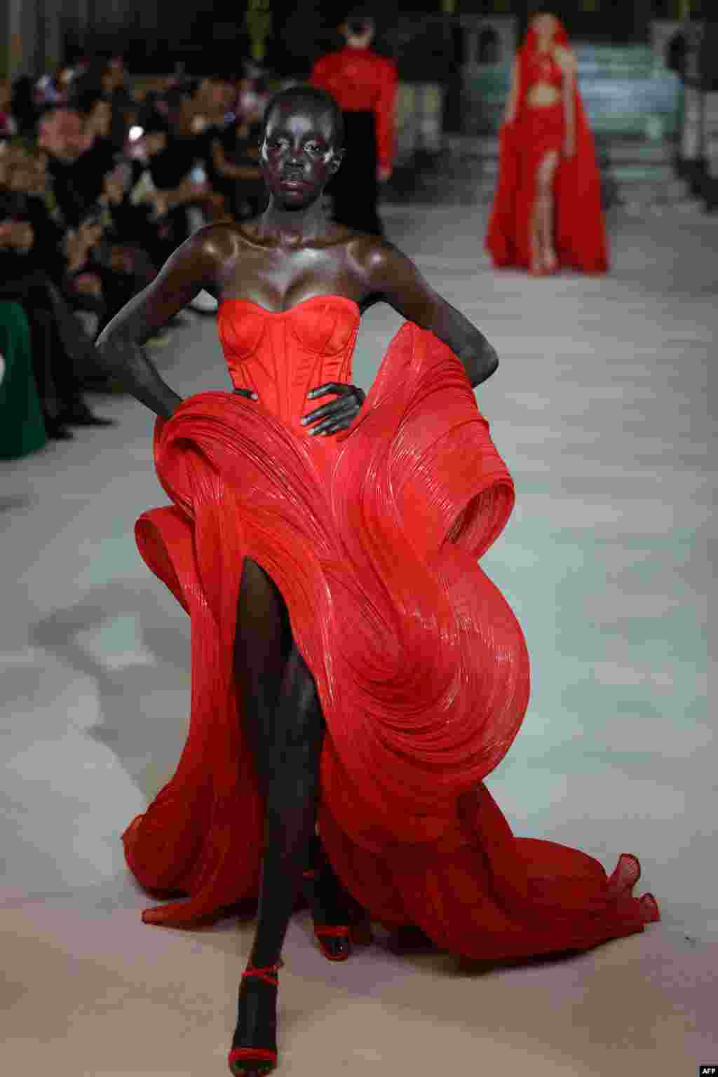 A model presents a creation by Gaurav Gupta during the Women&#39;s Haute-Couture Spring/Summer 2024 Fashion Week in Paris, France.