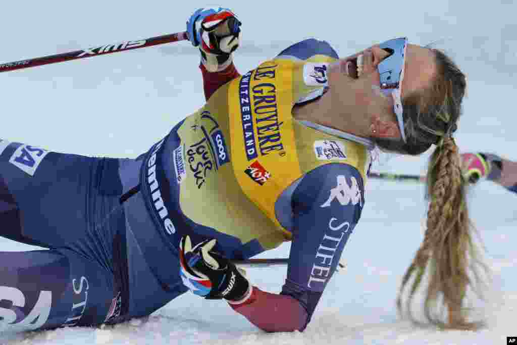 Jessie Diggins of the United States celebrates winning the cross-country ski, women&#39;s Tour de Ski overall standings, in Val di Fiemme, Italy.