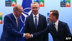 Turkish President Tayyip Erdogan, left, and Swedish Prime Minister Ulf Kristersson, right, shake hands next to NATO Secretary-General Jens Stoltenberg prior to their meeting, on the eve of a NATO summit, in Vilnius, Lithuania, July 10, 2023.