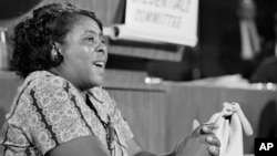 FILE - Fannie Lou Hamer testifies before the credentials committee of the Democratic National Convention in Atlantic City, New Jersey, on Aug. 22, 1964, as her racially integrated group challenged the seating of the all-white Mississippi delegation.