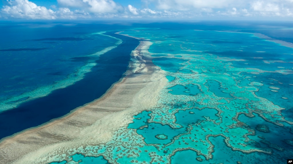 In this photo provided by the Great Barrier Reef Marine Park Authority the Hardy Reef is viewed from the air near the Whitsunday Islands, Australia, June 22, 2014. (Jumbo Aerial Photography/Great Barrier Reef Marine Park Authority via AP)