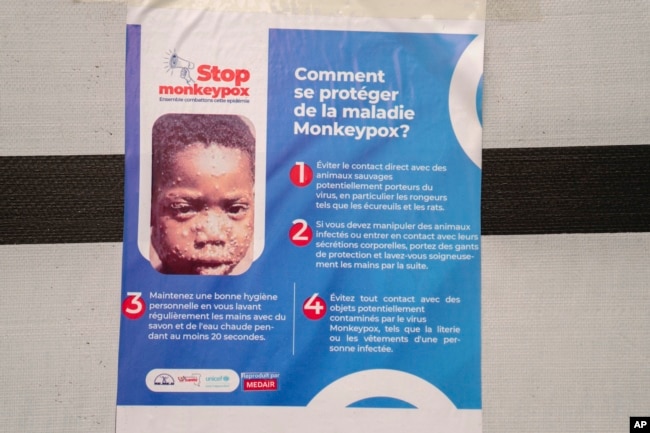 A poster bringing attention to the mpox outbreak hangs at the Goma General Hospital, Democratic Republic of the Congo, July 16, 2024. (AP Photo/Moses Sawasawa)