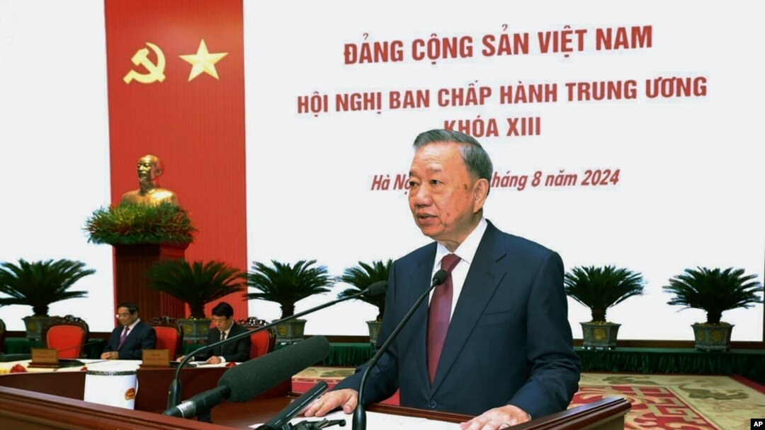 Vietnamese President To Lam delivers a speech during a news conference held by the Central Committee of the Communist Party, which elected Lam as the new Communist Party Chief, the country’s most power role, Aug. 3, 2024, Hanoi. 