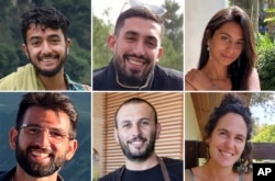 This combination of six undated photos shows killed Hamas hostages, from top left, Hersh Goldberg-Polin, Ori Danino, Eden Yerushalmi, from bottom left, Almog Sarusi, Alexander Lobanov, and Carmel Gat.