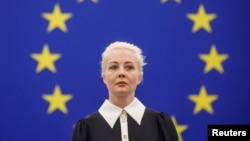 FILE - Yulia Navalnaya, the widow of Alexey Navalny, the Russian absorption   person  who died successful  a situation  camp, addresses the European Parliament, successful  Strasbourg, France, Feb. 28, 2024.