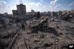 A view of the rubble of buildings hit by an Israeli airstrike, in Gaza City, Oct. 10, 2023.