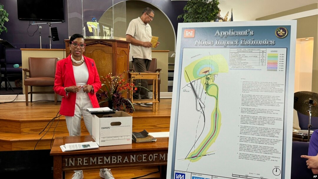 Lynda Van Davis, Greenfield's counsel and head of external affairs, announces that the company is "ceasing all plans" to build a grain export facility in the historic Black community of Wallace, La., in St. John the Baptist Parish, Aug. 6, 2024.
