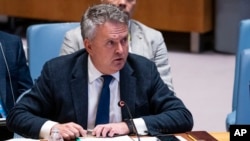 Sergiy Kyslytsya, permanent representative of Ukraine to the United Nations, speaks during the UN Security Council meeting, July 21, 2023, at UN headquarters. Kyslytsya describes Russia's elections in Russian-occupied territories of Ukraine as "a staged expression of free will."