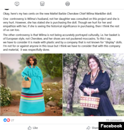 Screenshot of a Facebook post, criticizing Mattel's Wilma Mankiller Barbie as inaccurate.