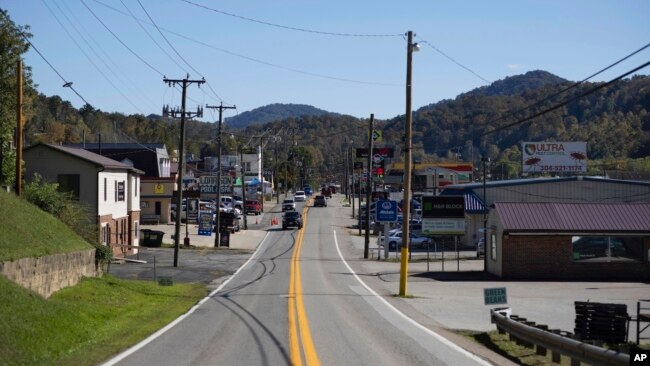 Cars drive along Main Street in Danville, West Virginia, Oct. 13, 2020.