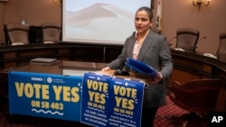 FILE - State Sen. Aisha Wahab proposes SB 403, a bill which adds caste as a protected category in the state's anti-discrimination laws, on March 22, 2023, in Sacramento, Calif. 