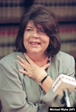 FILE - In this Sept. 19, 1996 file photo, Wilma Mankiller, former principal chief of the Cherokee Nation, gestures during a news conference, in Tulsa, Okla.